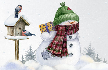 Watercolor hand-drawn funny snowmen hold Christmas gift box near a birdhouse with birds. Winter Christmas holidays card. Gift emotions. Cute snowman in a green hat and scarf on a snowy winter field. 