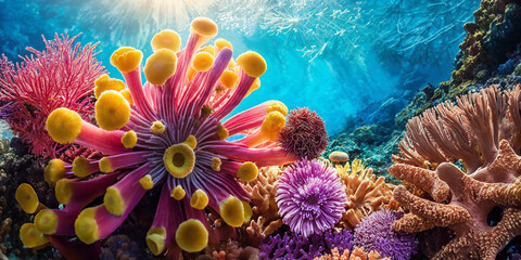 Fototapeta na wymiar Illustration of underwater world with colorful tropical corals and sunlight streaming through the sea water. Beauty of the coral reef. Generative AI