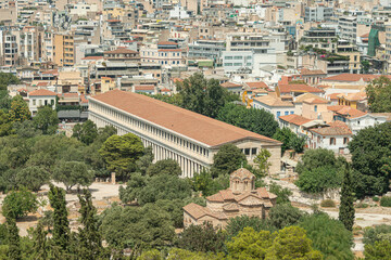 Fototapeta na wymiar Aerial view of the Church of the Holy Apostles, the Stoa of Attalos and the Ancient Agora of Athens.