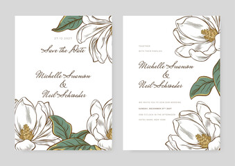White and gold wedding invitation minimal template design with watercolor flower and leaf, watercolor invitation, beautiful floral wreath.
