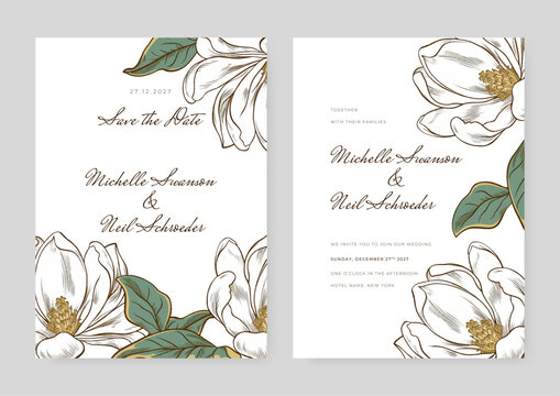 White and gold wedding invitation minimal template design with watercolor flower and leaf, watercolor invitation, beautiful floral wreath.