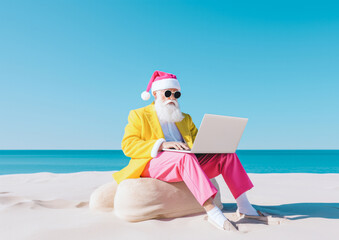 Elegantly and casually dressed Santa Claus as a digital nomad works on his laptop and enjoys the sunny beach. Generative AI. - obrazy, fototapety, plakaty