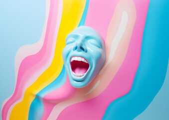 A mask that screams or laughs in colorful colors on a bold multicolored background. Call for help or voice of the people concept. Generative AI
