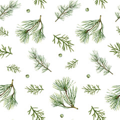 Christmas seamless pattern with pine spruce branches on white background.Traditional botanical style gift wrap design.Hand-drawn watercolor digital paper - obrazy, fototapety, plakaty