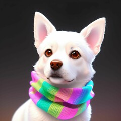 illustration of a dogs face wearing a colorful scarf