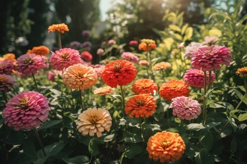 Vibrant zinnias bloom in a sunny garden during spring and summer. Ultra wide banner format. Generative AI