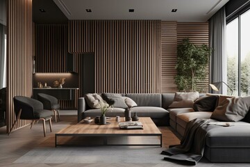 Contemporary room with grey slatted wall and wood cabinet. 3D visual. Generative AI
