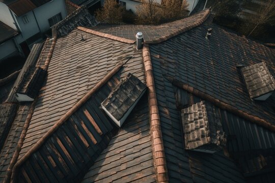 A close-up drone view of roof with missing shingles. Generative AI