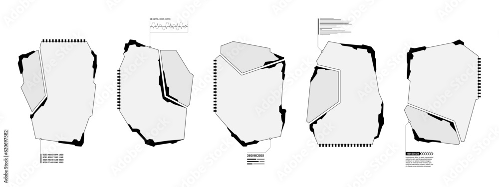 Fototapete HUD digital futuristic user interface frame set. Sci Fi high tech callout screens. UX UI gaming menu touching cyber monitoring dashboard panels. Head-up display FUI or GUI empty menu vector windows