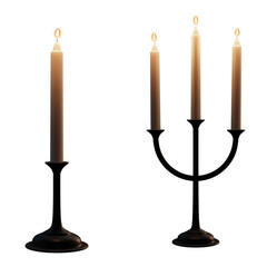 Candlestick and candelabra with illuminated candles isolated on transparent background. 3D rendering