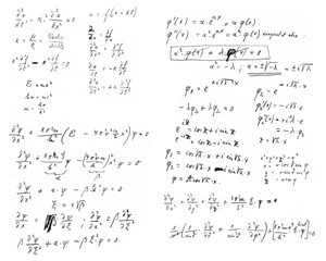 Handwritten mathematical equations isolated on transparent background - obrazy, fototapety, plakaty