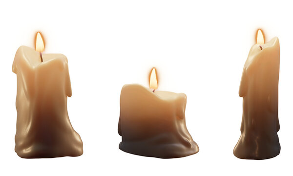 Melting wax candles isolated on transparent background with illuminated flame effect. 3D rendering