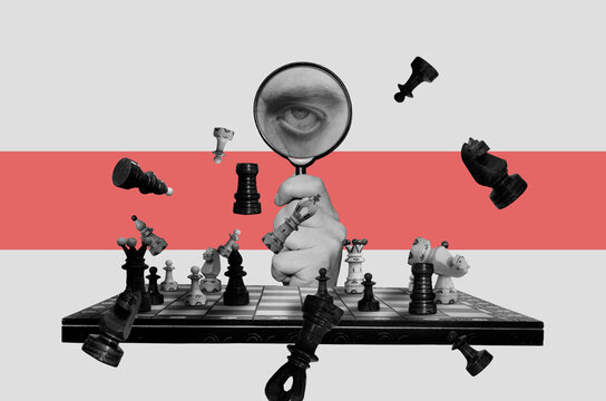 Collage art with chess and hand holding magnifying glass