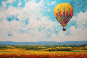Fields of Tranquil Ascension: Hot Air Balloon Drifting in Country Skies