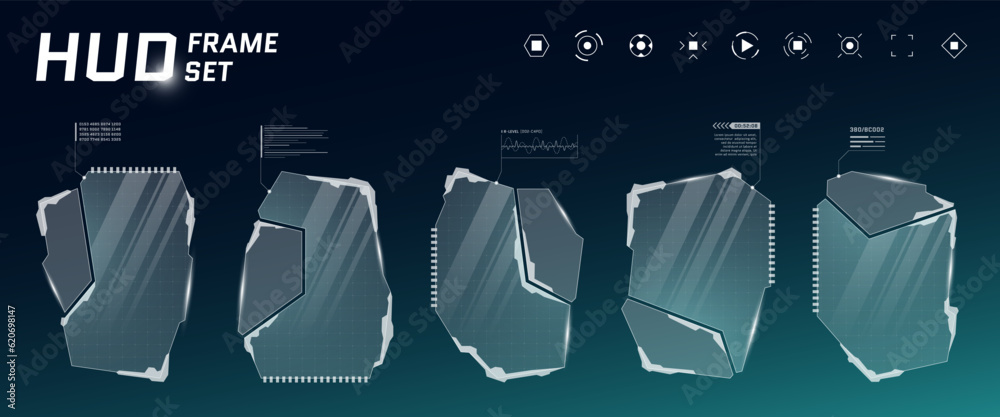 Poster hud digital futuristic user interface frame set. sci fi high tech callout panels. ux ui gaming menu 