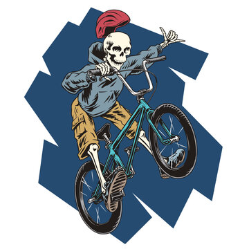 Skeleton jumping on BMX bicycle, teenager doing trick comic style vector illustration