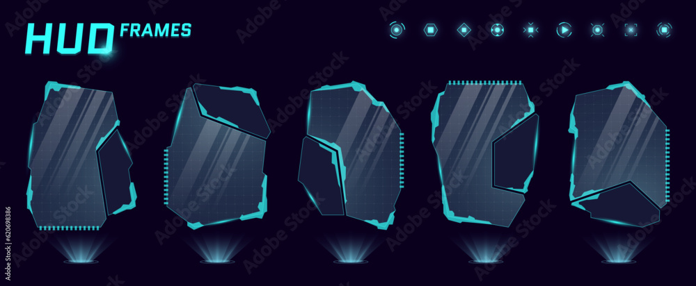 Poster hud digital futuristic user interface frames. sci fi high tech callout panel set. ux ui gaming menu 