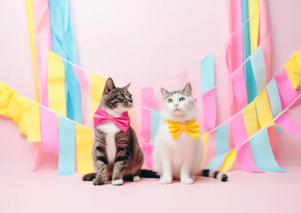 An irresistible adorable pair of kittens pose as a loving couple in front of a colorful background. Concept of sincere love. Newlyweds. Generative AI