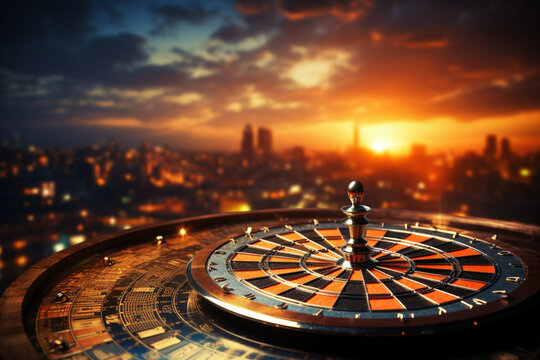 Achieving goals, Darts hitting target on sunset sky backdrop Generative AI
