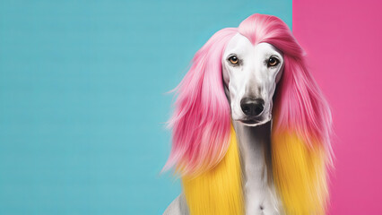 A beautiful Afghan hound with long and groomed hair poses in the style of an eighties rock star against colorful backdrop. Bright colors and decorative clothing. Generative AI.