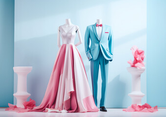 Surreal wedding scene of two mannequin dolls, a loving couple. Elegant and happy. Fashion concept of the wedding. Generative AI