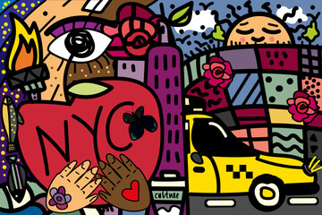 New York City. Colorful vector illustration. Symbols of NY. Abstraction. Big apple. ART.