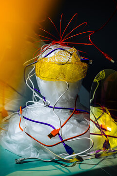 A paper bust in wires.