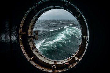 Stormy sea viewed through ship's porthole. Generative AI