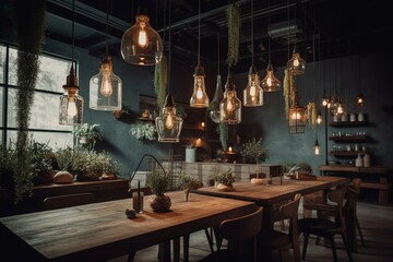 Fototapeta na wymiar Modern rustic restaurant with unique lighting and vintage decor. Generative AI