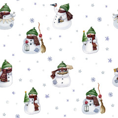 Christmas snowman seamless pattern, bird nest, birds, snow, broom and lantern, winter image on white background.  Traditional vintage style gift wrap design.Hand-drawn watercolor digital paper