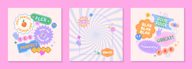Vector templates with patches and stickers in 90s style.Modern emblems in y2k aesthetic with spiral background.Trendy funky designs for banners,social media marketing,branding,packaging,covers