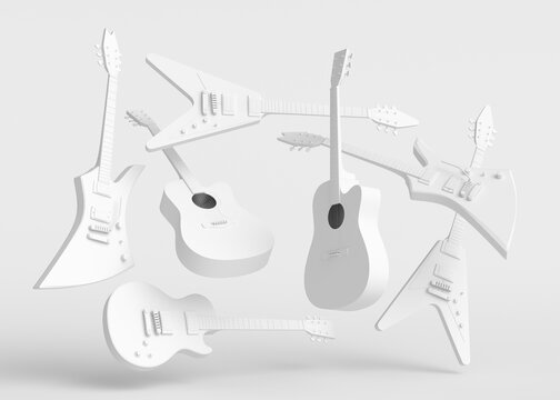 Set of electric acoustic guitars isolated on monochrome background.