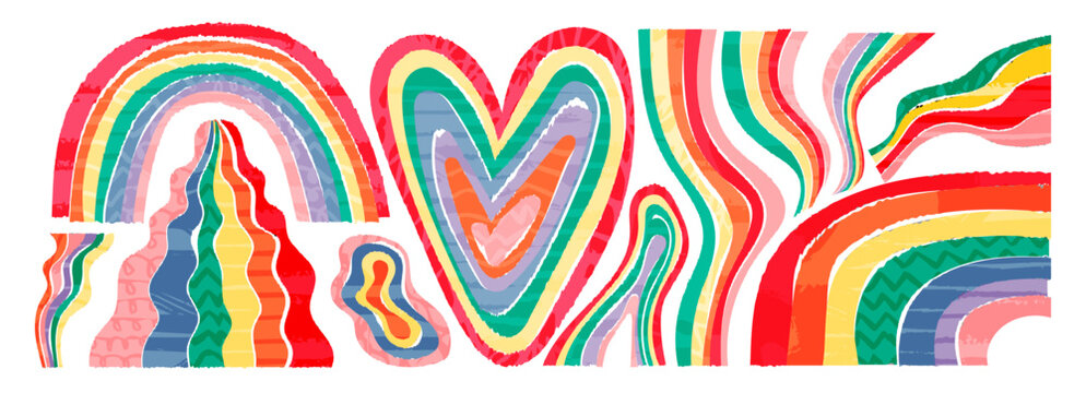 Collage rainbow vector poster design set. Abstract and positive minimalist background with brightl boho arc. Collection of scandinavian childish color illustration with brush texture. Equality symbol