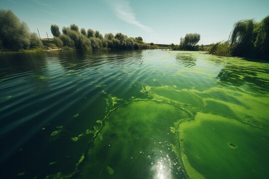 Toxic algae bloom caused by eutrophication resulting in green water. Generative AI