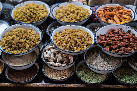 Samples of spices. berries and nuts.