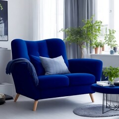 Dark blue sofa and recliner chair in scandinavian apartment. Interior design of modern living room. Blue chair. Created with generative AI