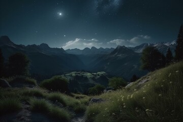 Obraz na płótnie Canvas Nighttime mountain landscape under starry sky with moon and clouds. Generative AI