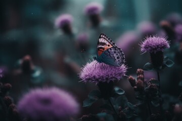 Purple butterfly amidst purple flowers in a misty home garden. Generative AI