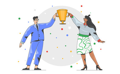 Businessman and woman holding golden cup. Win, success and partnership