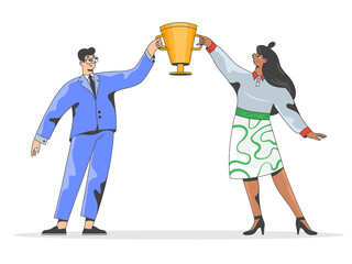 Businessman and businesswoman holding golden cup. Success win concept