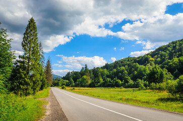 Panoramic mountain road view. Summer in the mountains