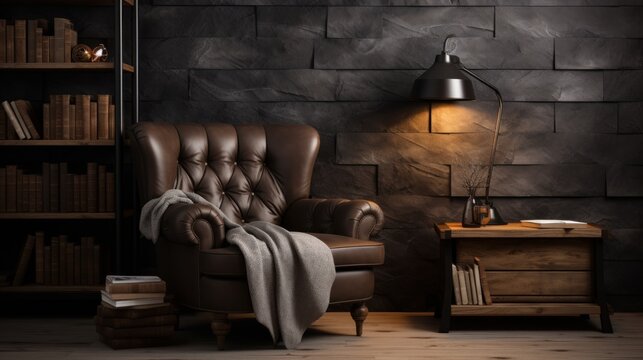 A cozy corner with a comfortable chair and a bookcase. An ideal place for reading and relaxing. Generative AI