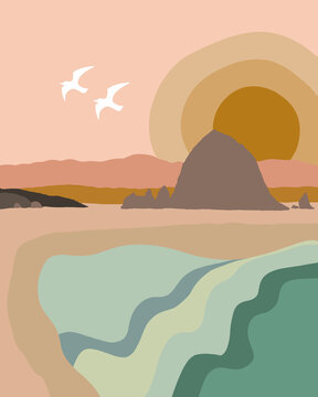 Illustration Of Birds Flying Over Cannon Beach, Oregon