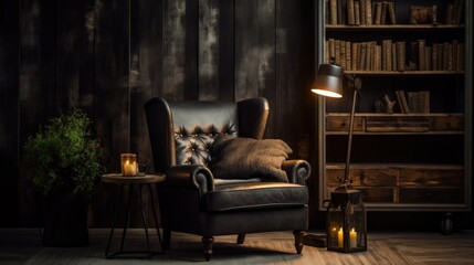 Naklejka premium A cozy corner with a comfortable chair and a bookcase. An ideal place for reading and relaxing. Generative AI