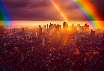 Rainbow over city skyline. Aerial panoramic view of cityscape and downtown in the morning with beautiful rainbow above the buildings and skyscrapers. Generative AI