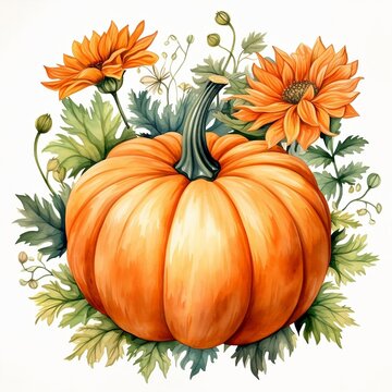 recommend clip art: Watercolor pumpkin composition, Halloween clip art, autumn harvest design element. Pumpkin with flowers illustration. Perfect graphic for Thanksgiving day, Halloween, greeting cards. AI generated.