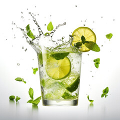 Mojito splashing out from the glass. Refreshing summer drink, thirst quencher. Object isolated on white background. AI Generated.