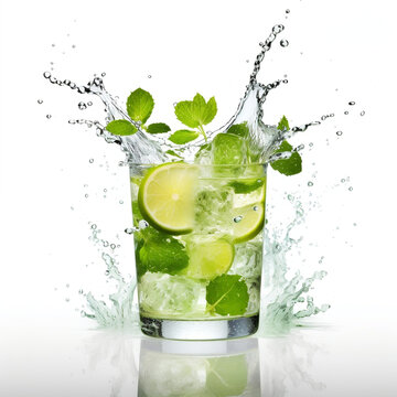 Mojito splashing out from the glass. Refreshing summer drink, thirst quencher. Object isolated on white background. AI Generated.