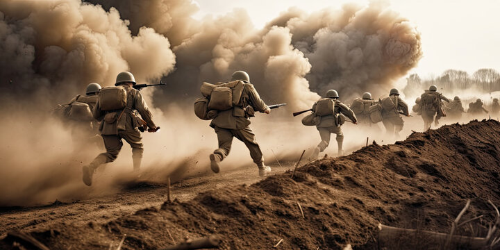 Soldiers running across the battlefield. Explosions in the background. AI generated image