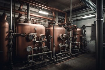 Obraz na płótnie Canvas Industrial gas boiler room with equipment for heating systems of residential and commercial buildings. Basement gas distribution station. Generative AI